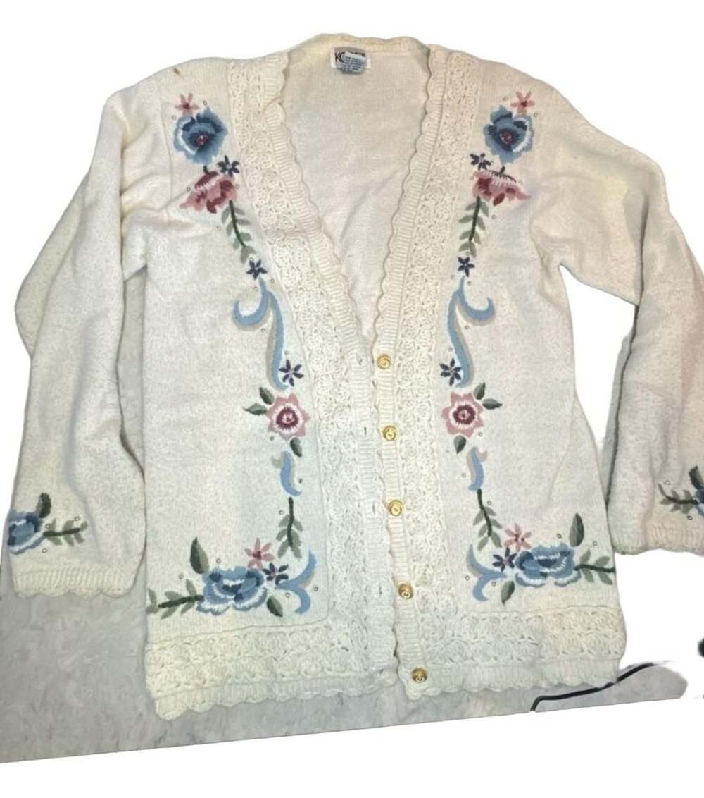 Koret Floral Embroidered Cardigan Size S Cream Beaded Scalloped
